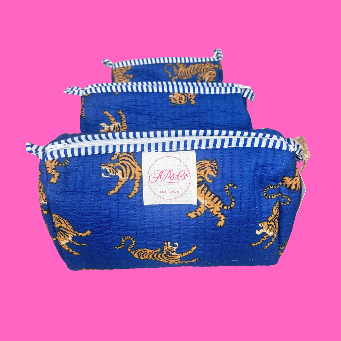 Royal Blue Tiger Print Wash Bag Set of 3 on Pink Background