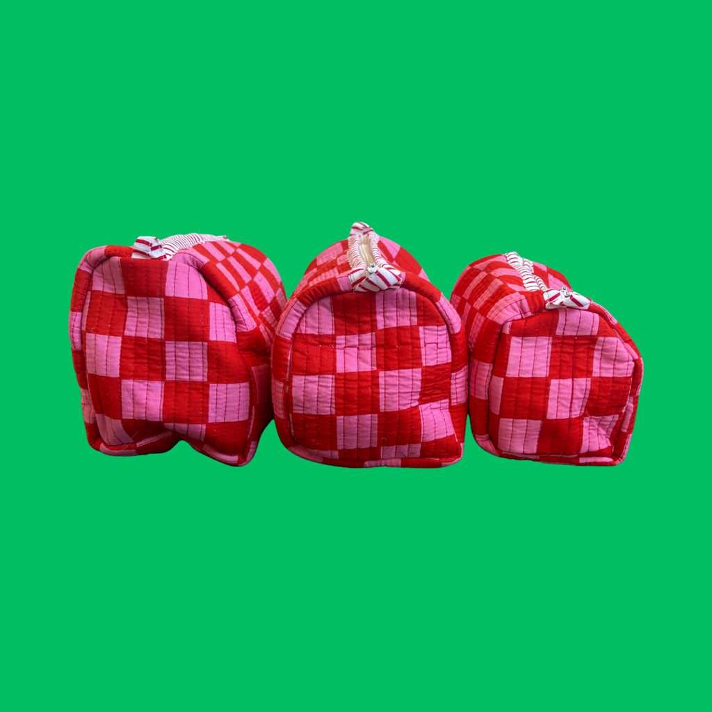 Pink & Red Checkerboard Wash Bag Set (Set of 3)