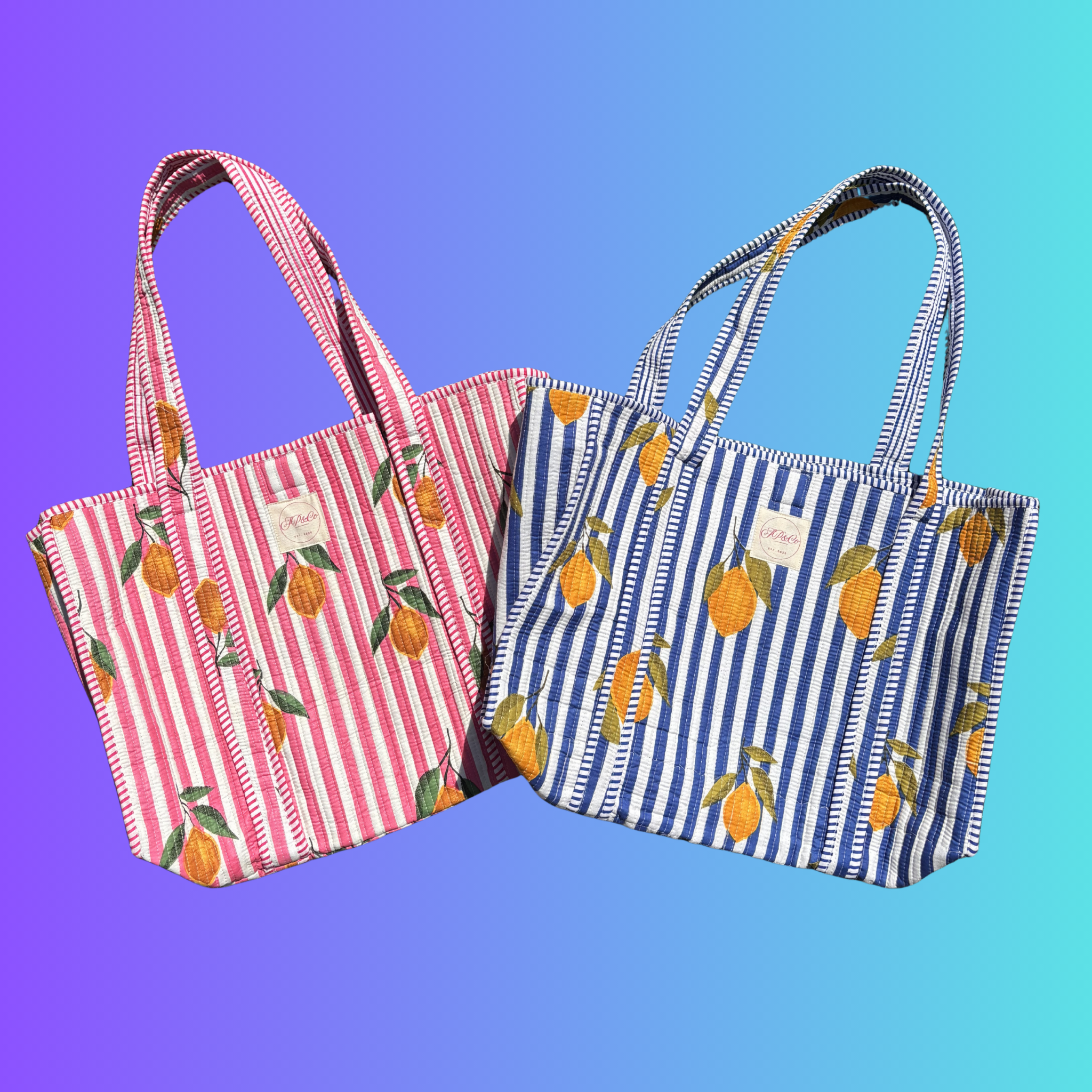 NEW Blue & White Striped Lemon Tote Bag