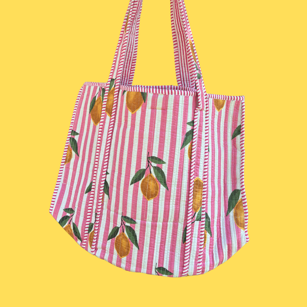NEW Pink & White Striped Lemon Tote Bag