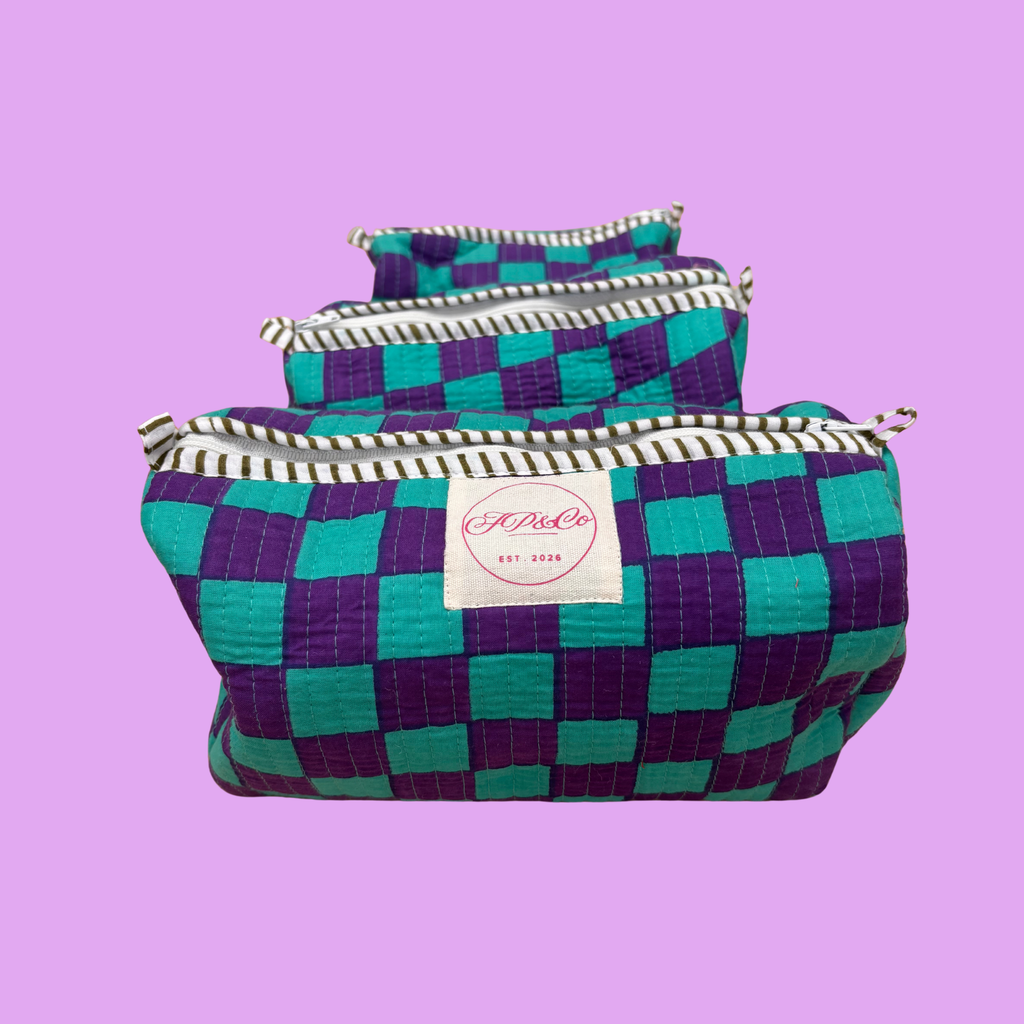 Purple & Turquoise Checkerboard Wash Bag Set (Set of 3)