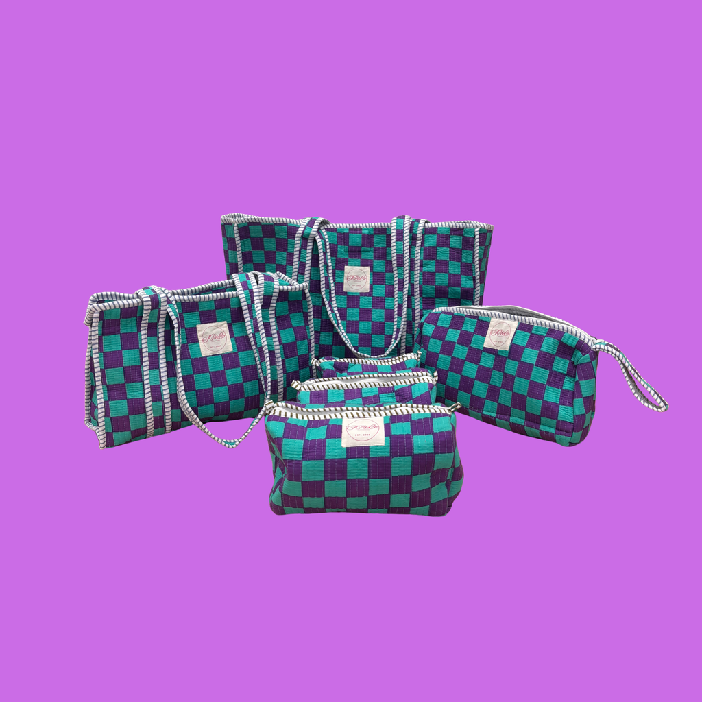 Purple & Turquoise Checkerboard Wash Bag Set (Set of 3)