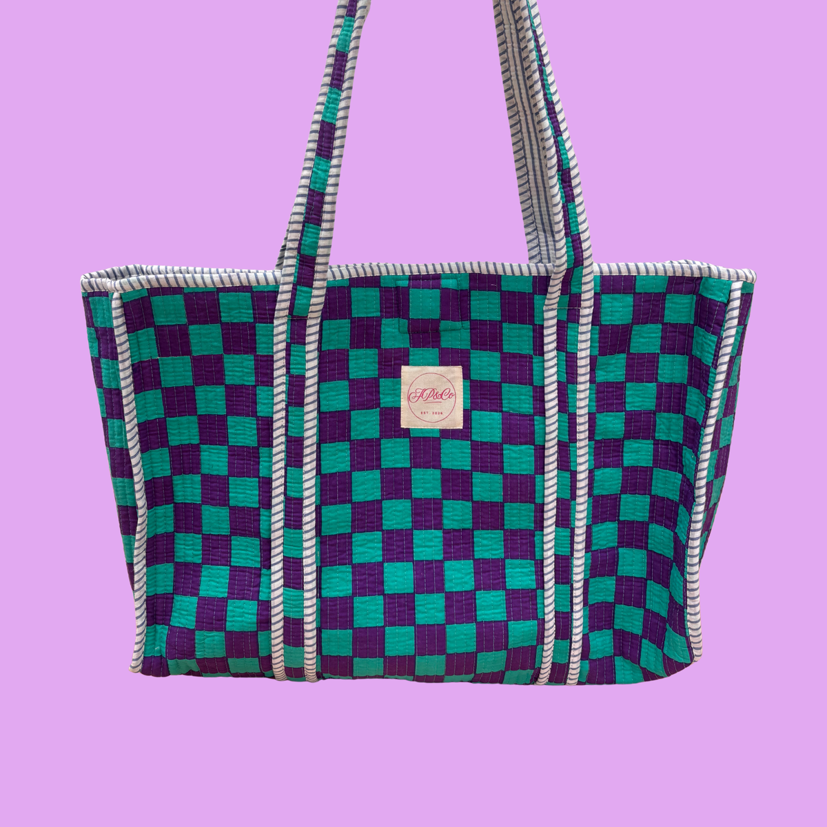 Purple & Turquoise Checkerboard Large Tote Bag