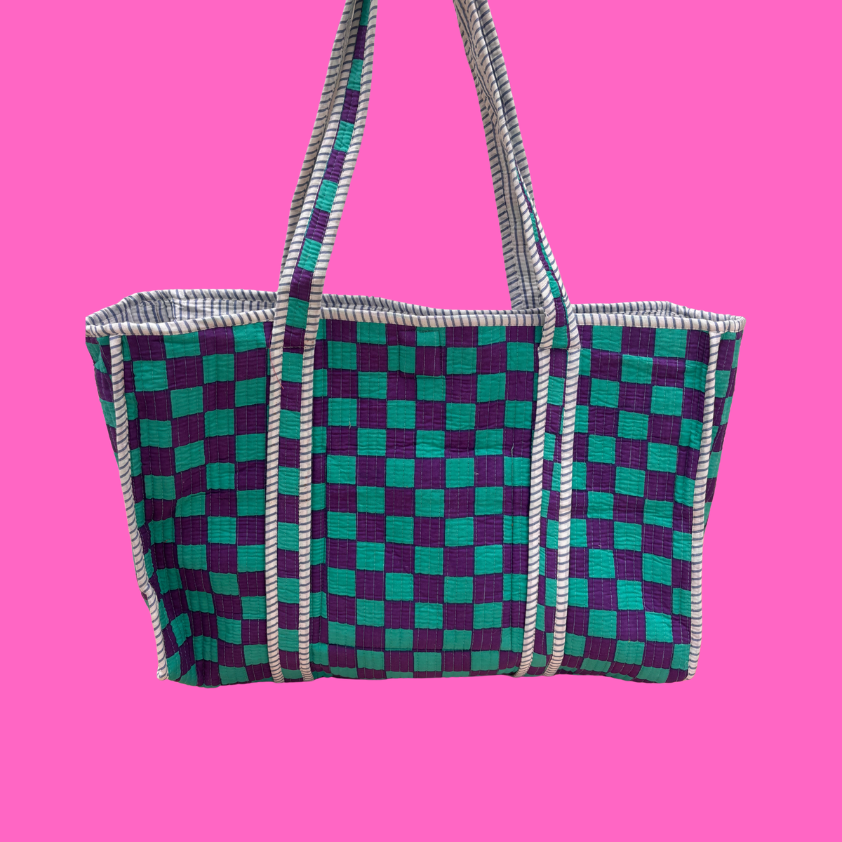 Purple & Turquoise Checkerboard Large Tote Bag
