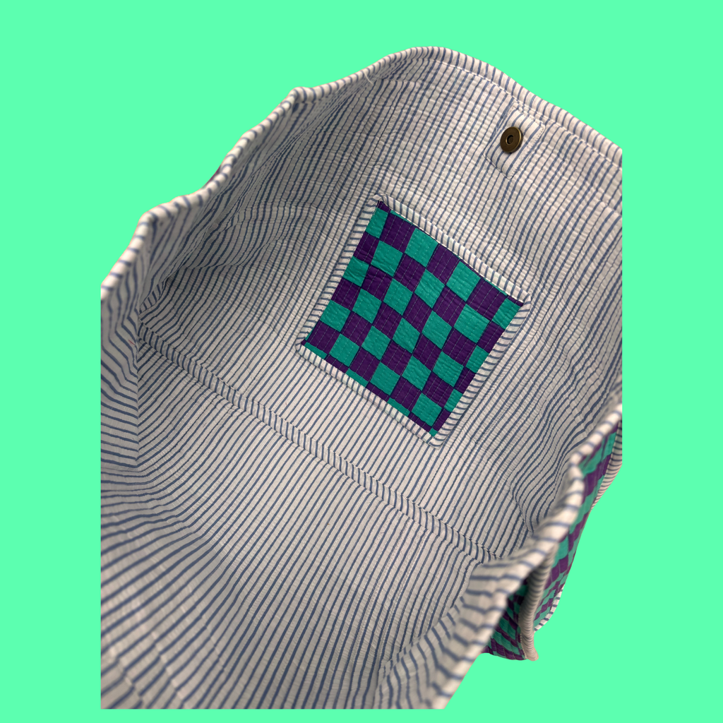 Purple & Turquoise Checkerboard Large Tote Bag