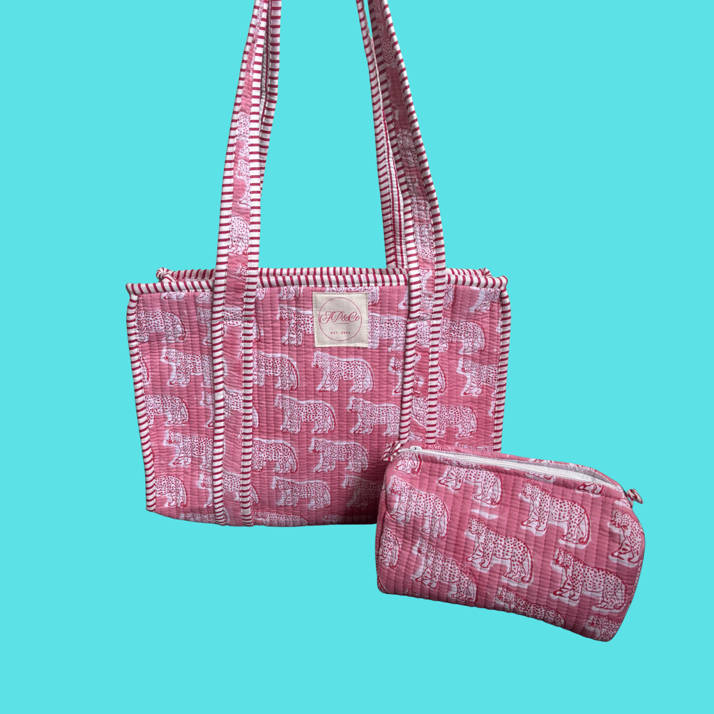 NEW Pale Pink Leopard Handmade Midi Tote Bag + Travel Pouch