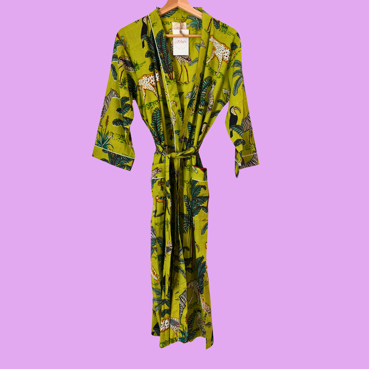 Lime Green Jungle Print Cotton Kimono (Full Length)