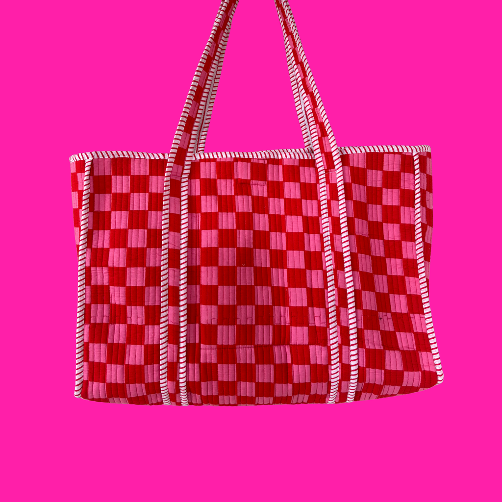 Pink & Red Checkerboard Large Tote Bag