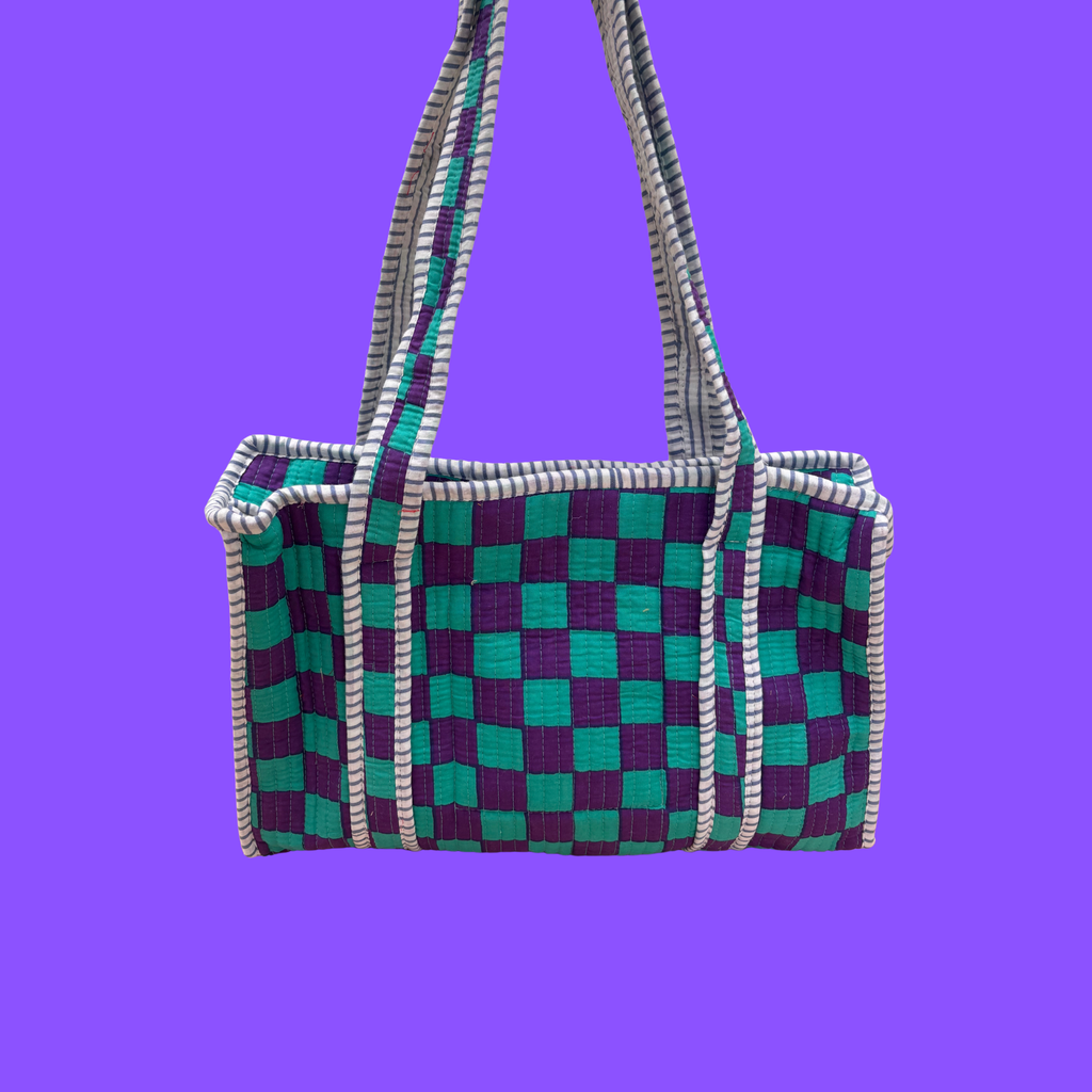 Purple & Turquoise Checkerboard Midi Tote