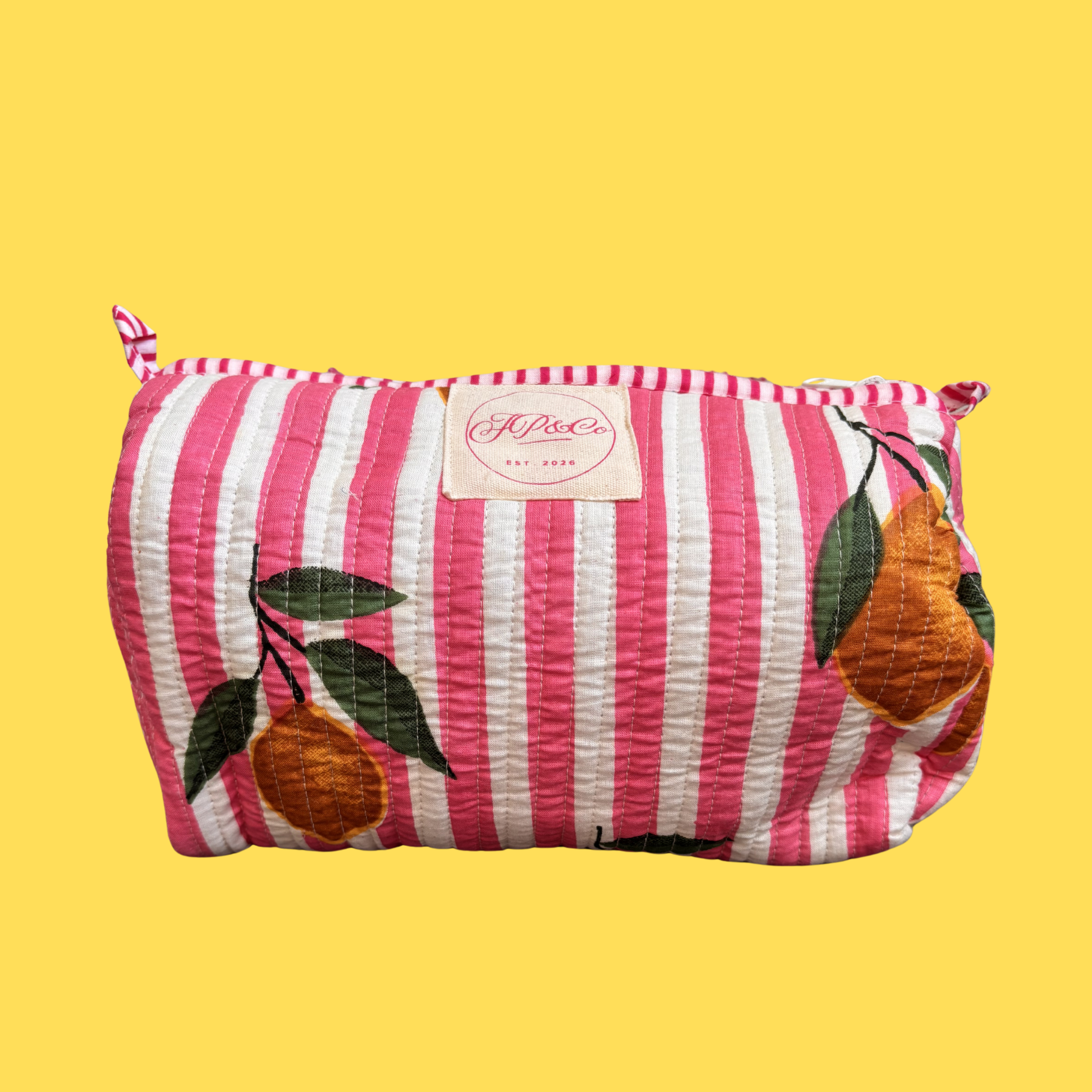 Pink & White Striped Lemons Wash Bag Set – Handmade Cotton Toiletry Bags