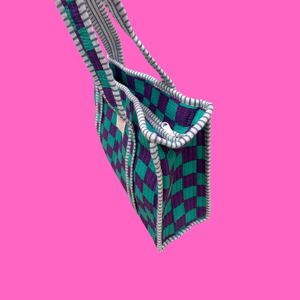 Purple & Turquoise Checkerboard Midi Tote