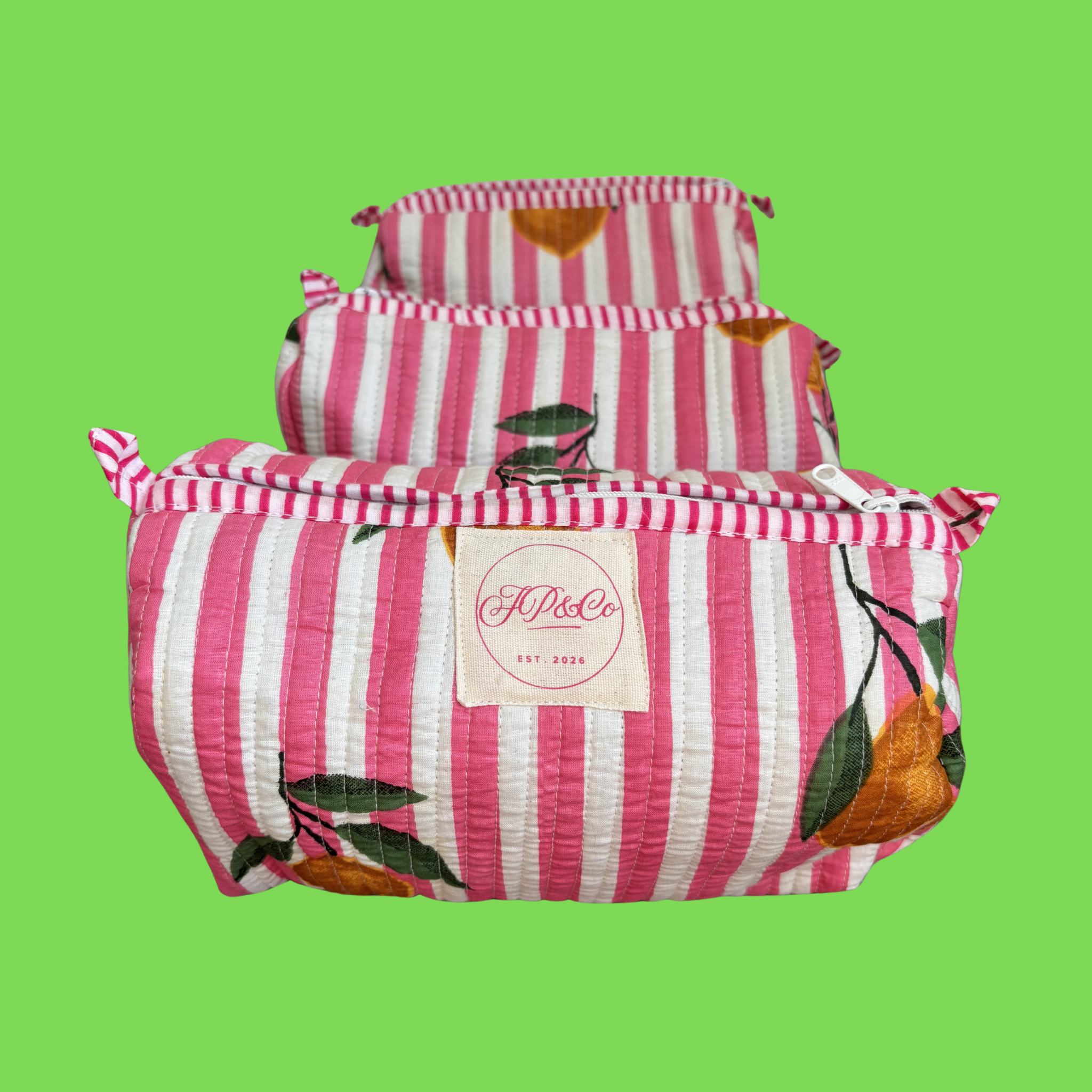 Pink & White Striped Lemons Wash Bag Set – Handmade Cotton Toiletry Bags