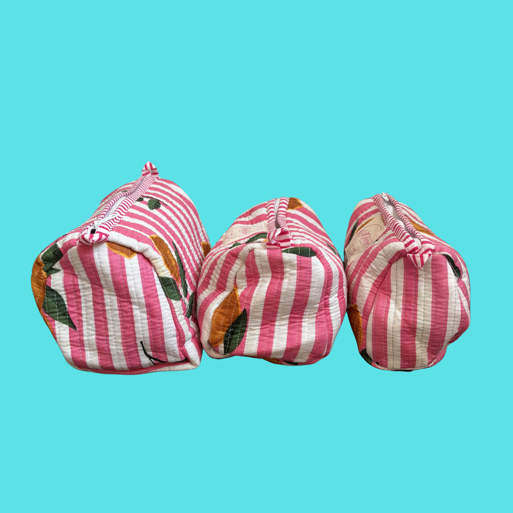 Pink & White Striped Lemons Wash Bag Set – Handmade Cotton Toiletry Bags