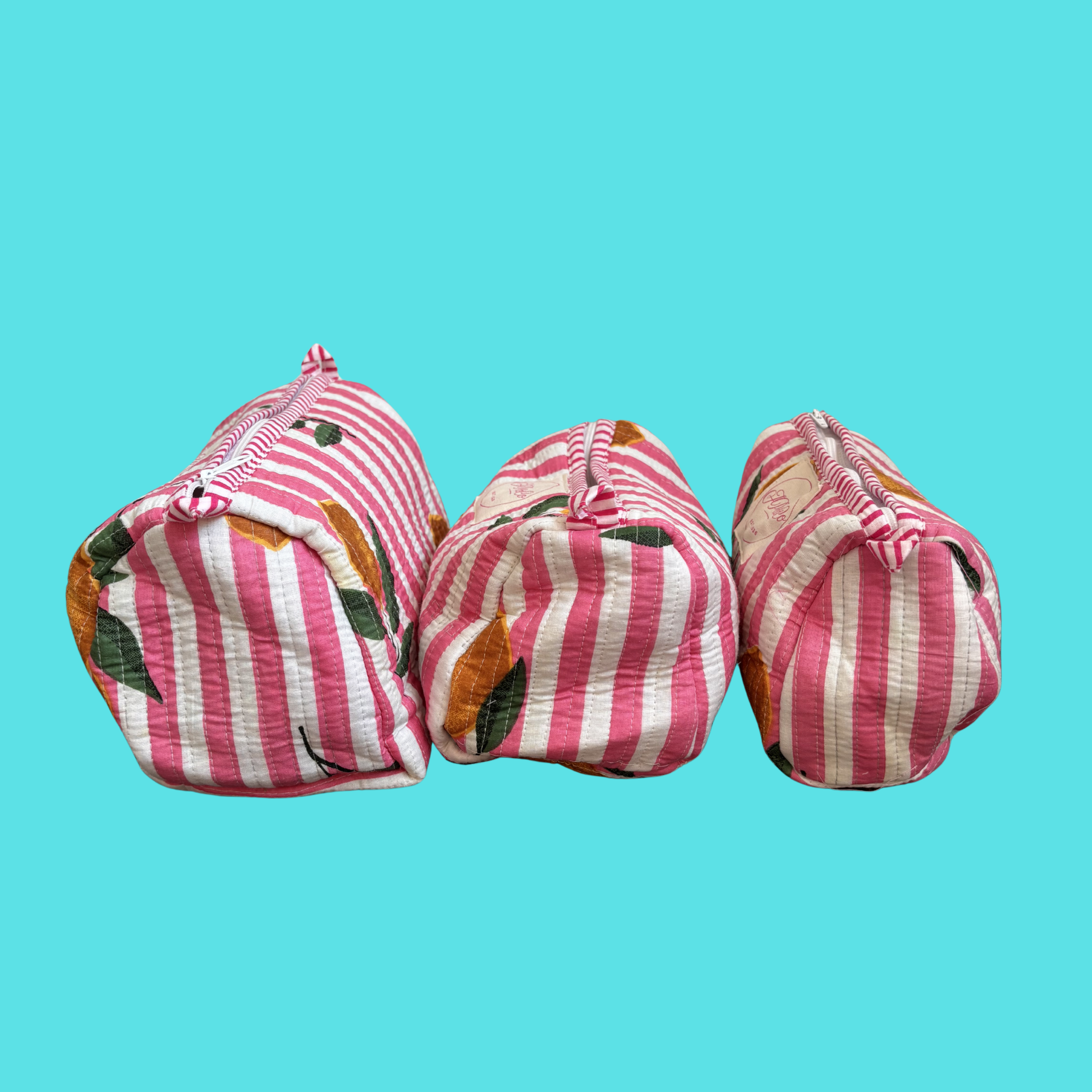 Pink & White Striped Lemons Wash Bag Set – Handmade Cotton Toiletry Bags