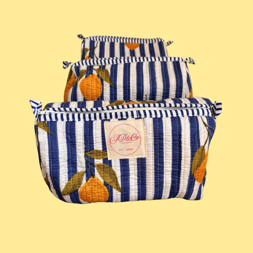 Blue & White Striped Lemons Wash Bag Set – Handmade Cotton Toiletry Bags