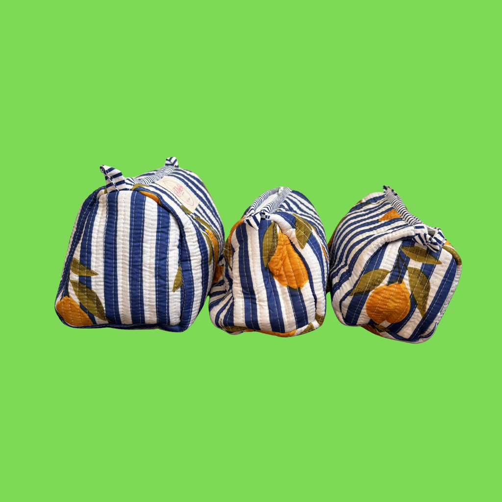 Blue & White Striped Lemons Wash Bag Set – Handmade Cotton Toiletry Bags