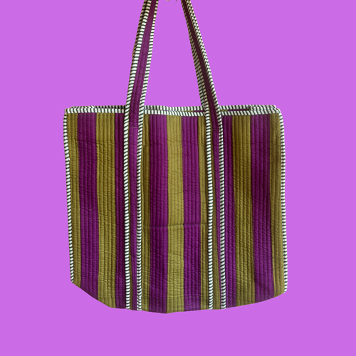 Khaki & Purple Striped Tote Bag