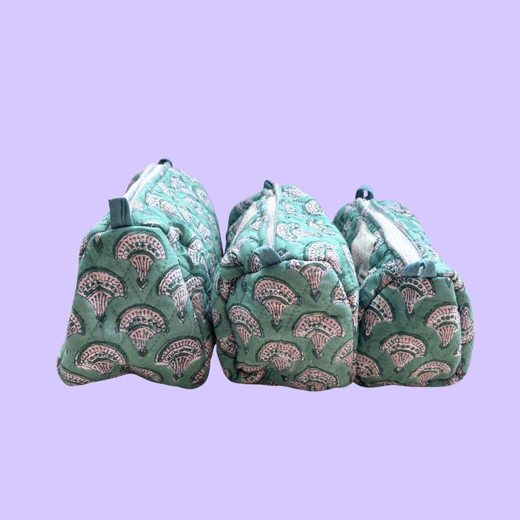 Turquoise Fan Wash Bag Set (Set of 3)