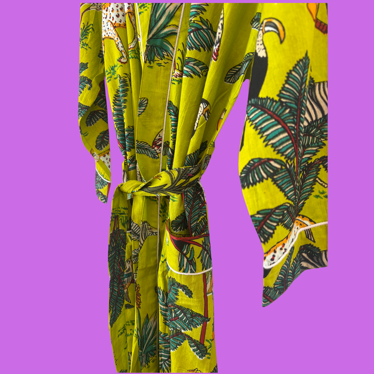 Lime Green Jungle Print Cotton Kimono (Full Length)