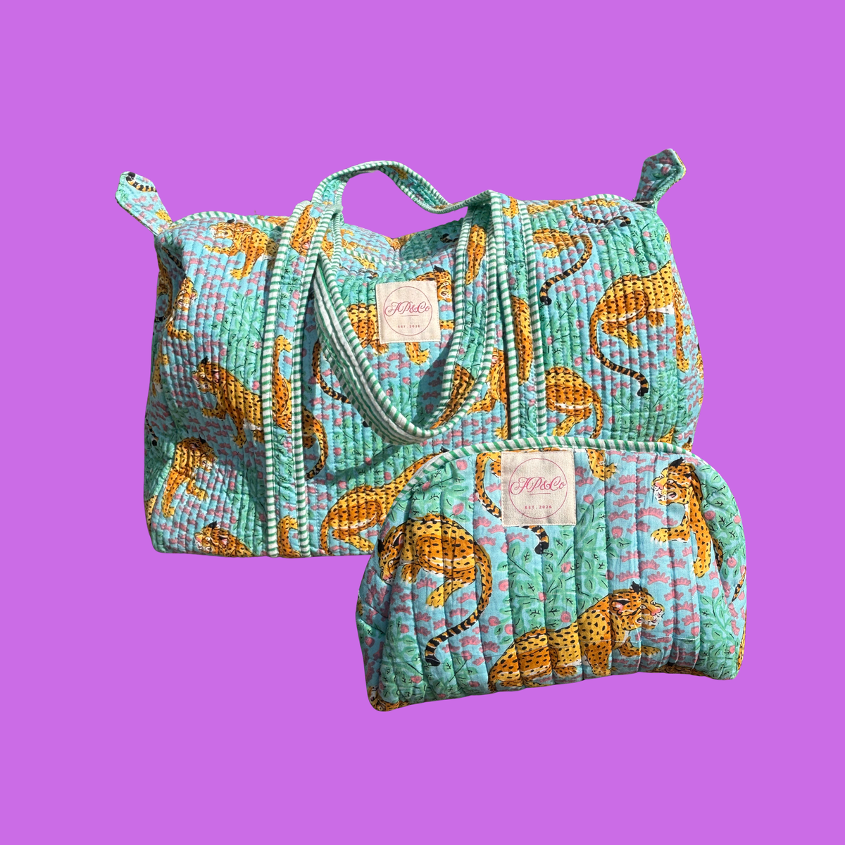 NEW Blue & Turquoise Leopard Duffle & Wash Bag Set