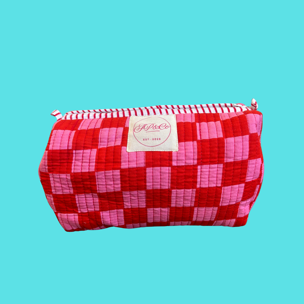 Pink & Red Checkerboard Wash Bag Set (Set of 3)