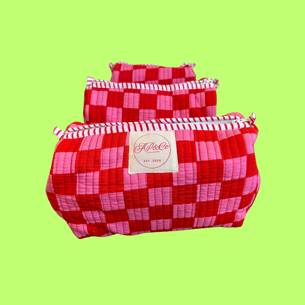 Pink & Red Checkerboard Wash Bag Set (Set of 3)