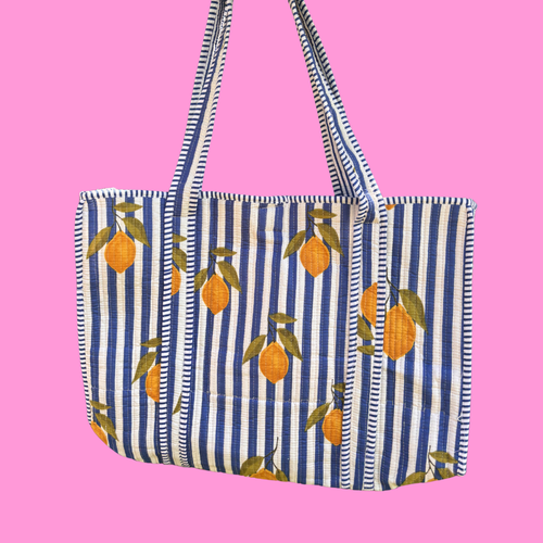 Blue & White Striped Lemon Tote Bag