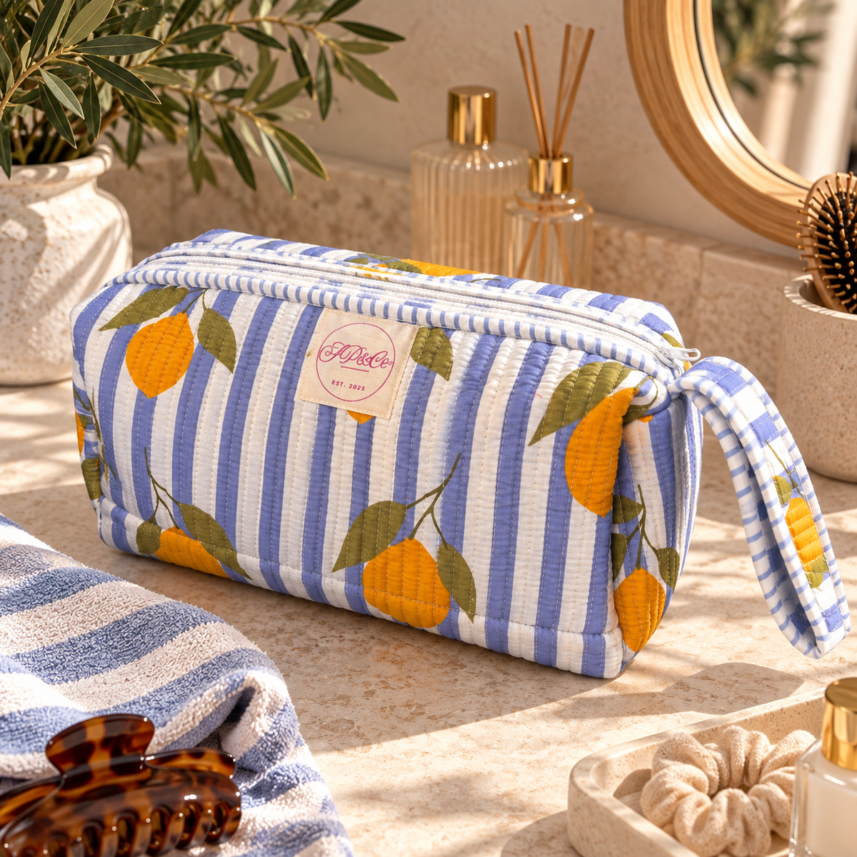 Powder Blue & White Striped Lemon Hairstyling Tool Bag