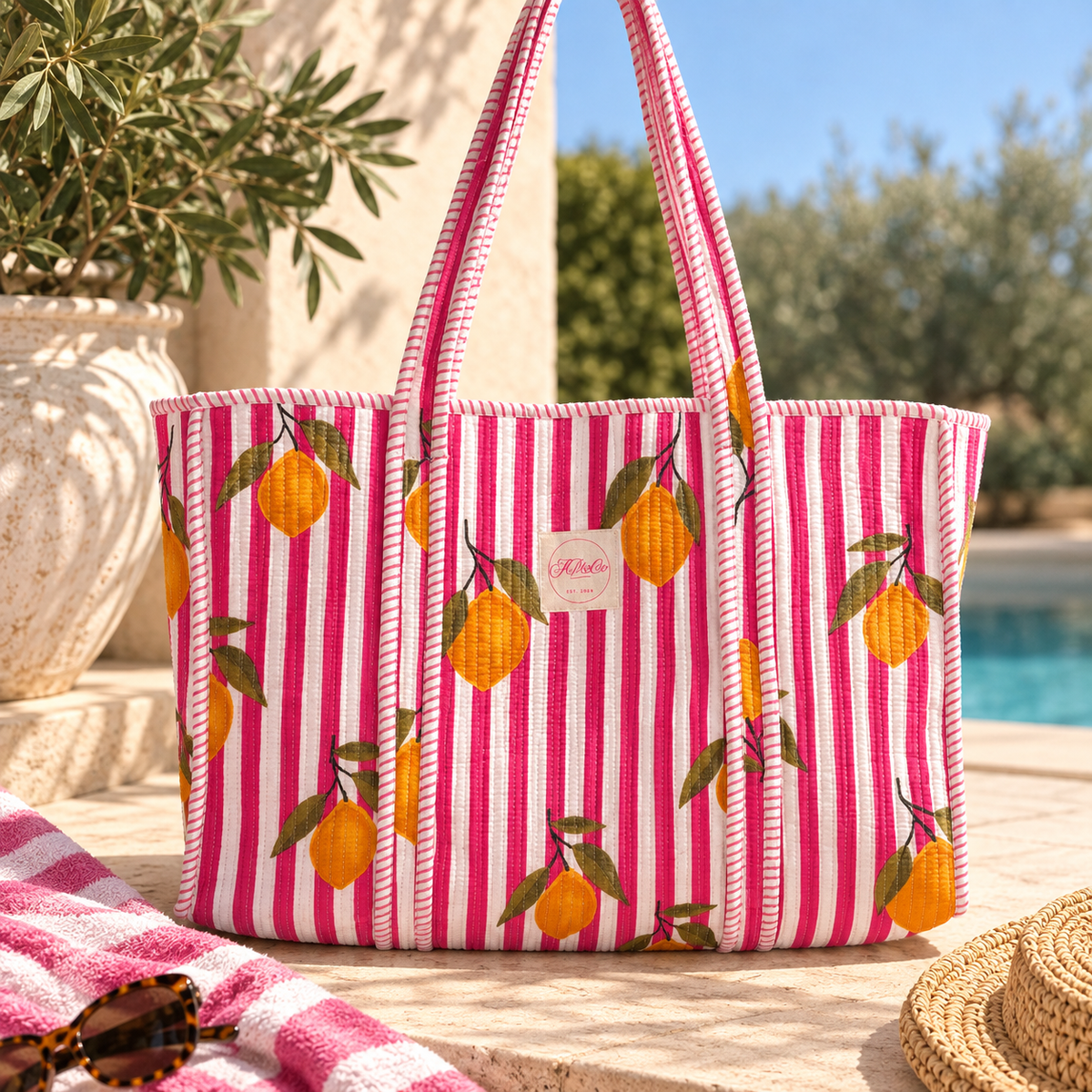 Hot Pink & White Striped Lemon Tote Bag