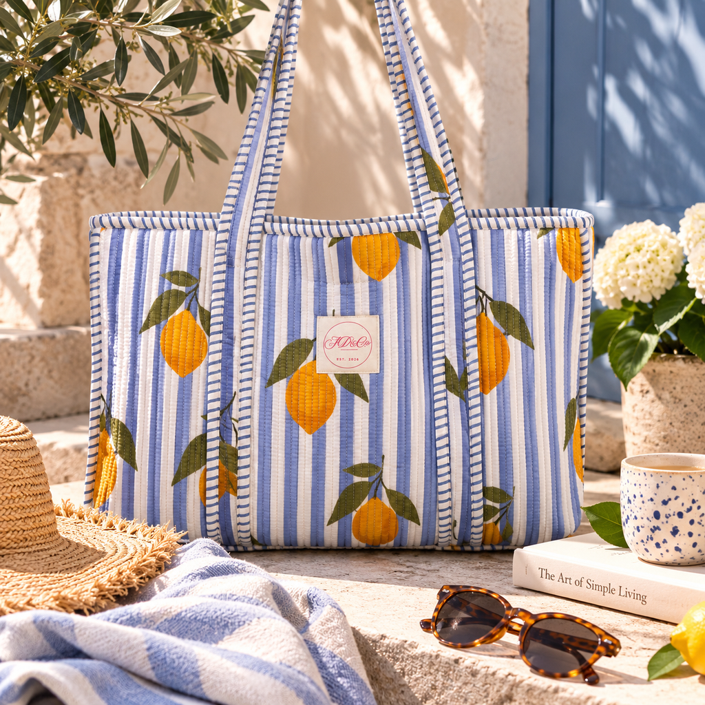 Powder Blue & White Striped Lemon Tote Bag