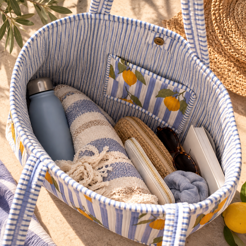 Powder Blue & White Striped Lemon Tote Bag