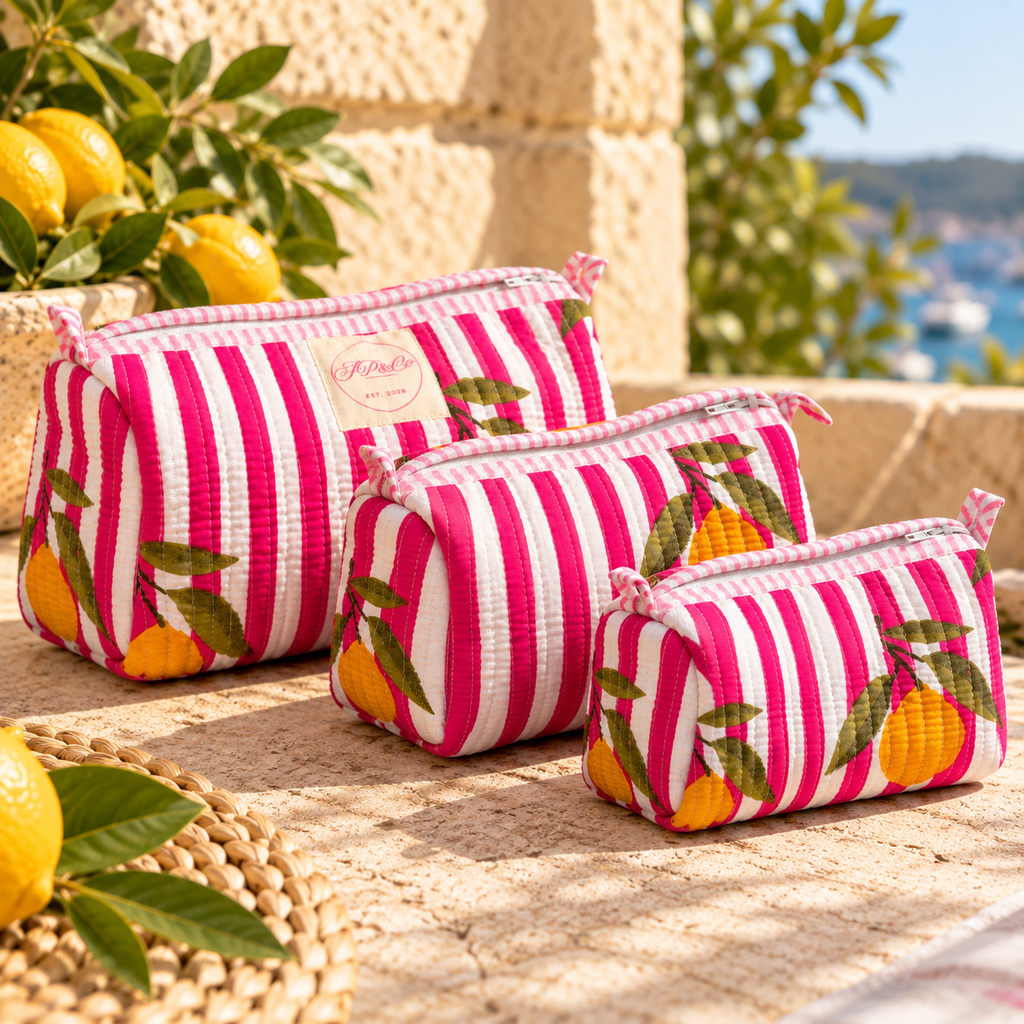 JP & Co Hot Pink & White Striped Lemons Wash Bag Set, alternate view