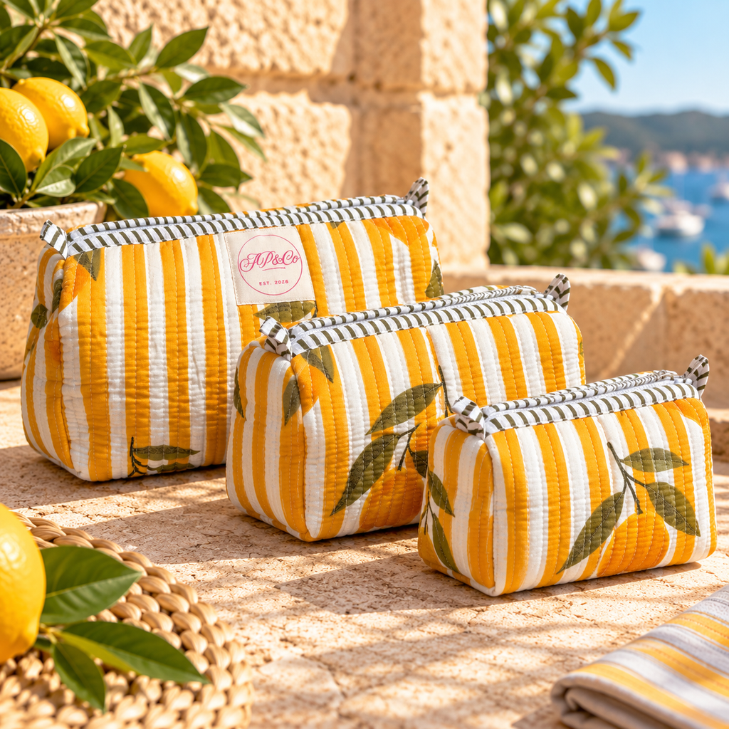 JP & Co Yellow & White Striped Lemons Wash Bag Set