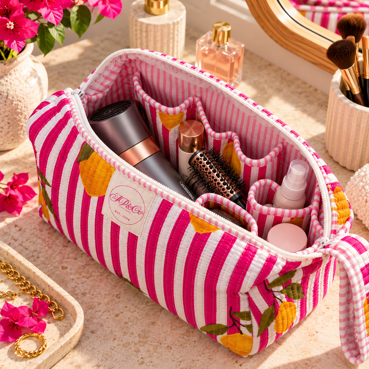 Pink Striped Lemon Hairstyling Tool Bag