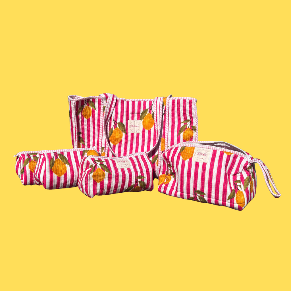 JP & Co Hot Pink & White Striped Lemons Wash Bag Set, product detail