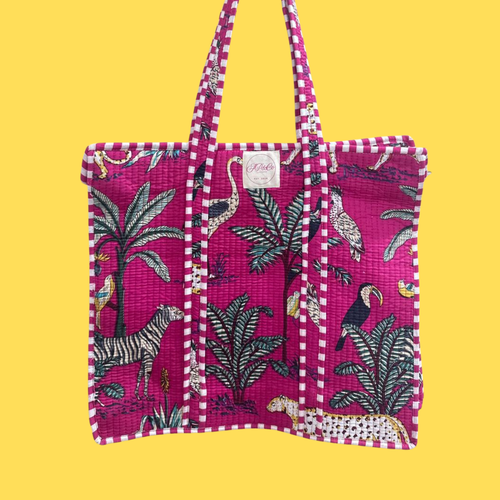 Hot Pink Tropical Indian Tote Bag on Yellow Background