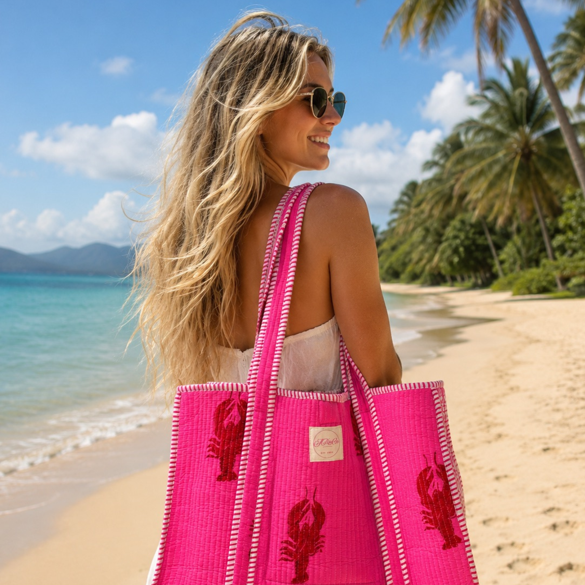 NEW Hot Pink Lobster Block Print Tote Bag