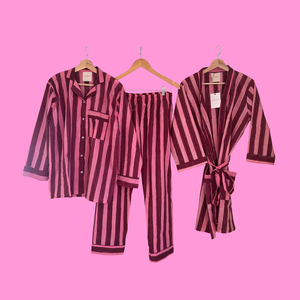 JP&Co. Pink & Burgundy Striped Pyjamas Full Length with Kimono on pink background