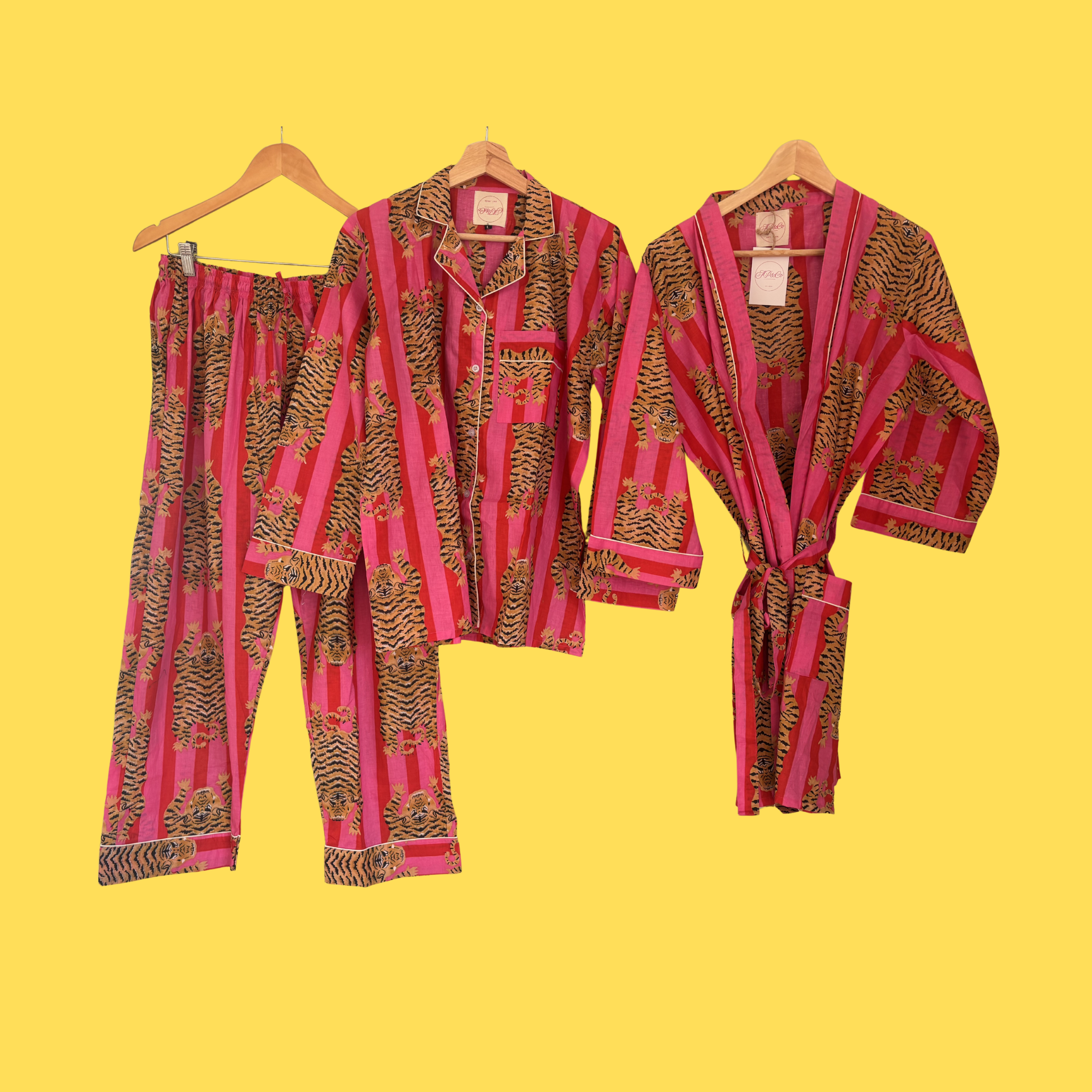 JP&Co. Pink & Red Striped Tiger Pyjamas Full Length with Kimono on yellow background