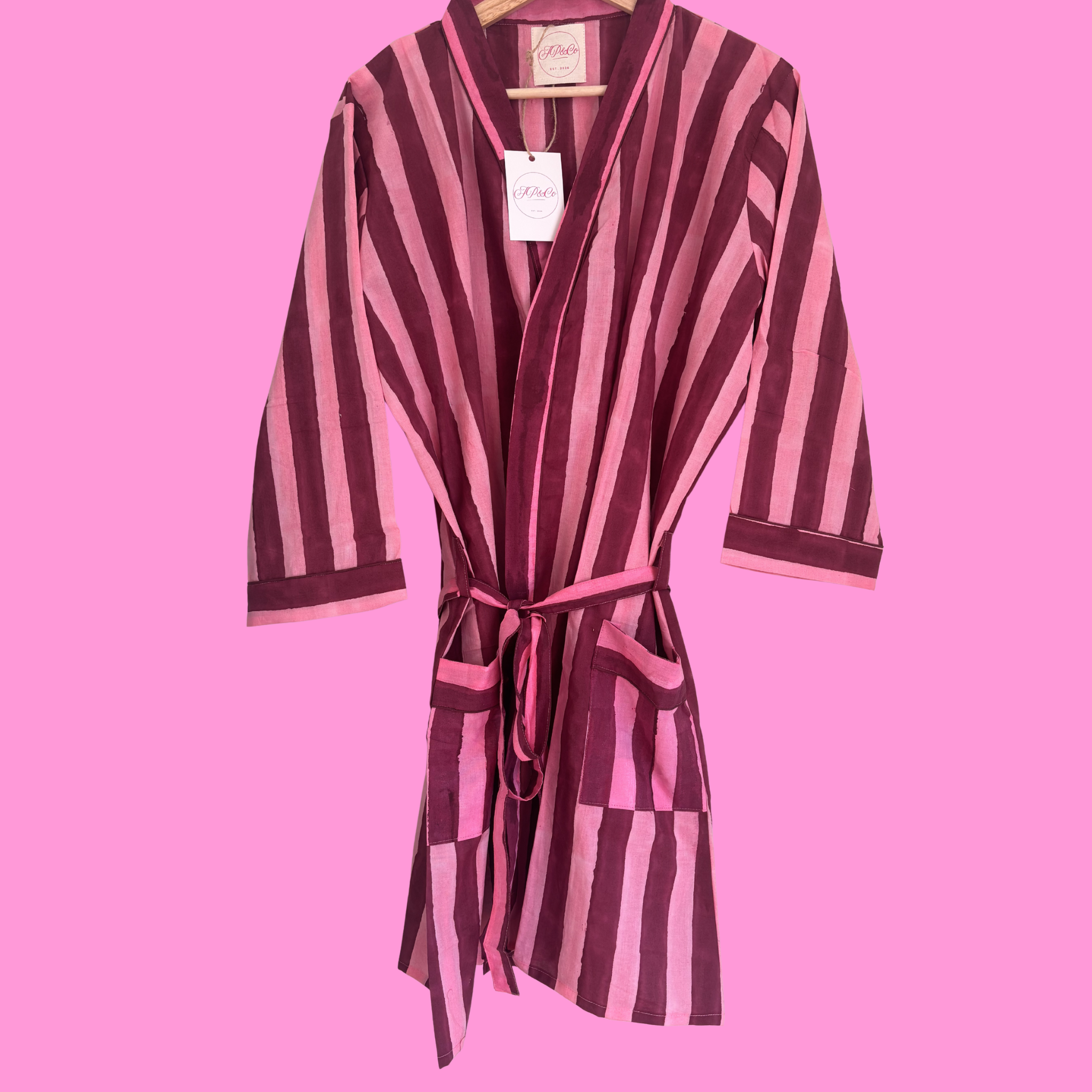 J P & Co. Pink & Burgundy Striped Kimono (Short) on a pink background