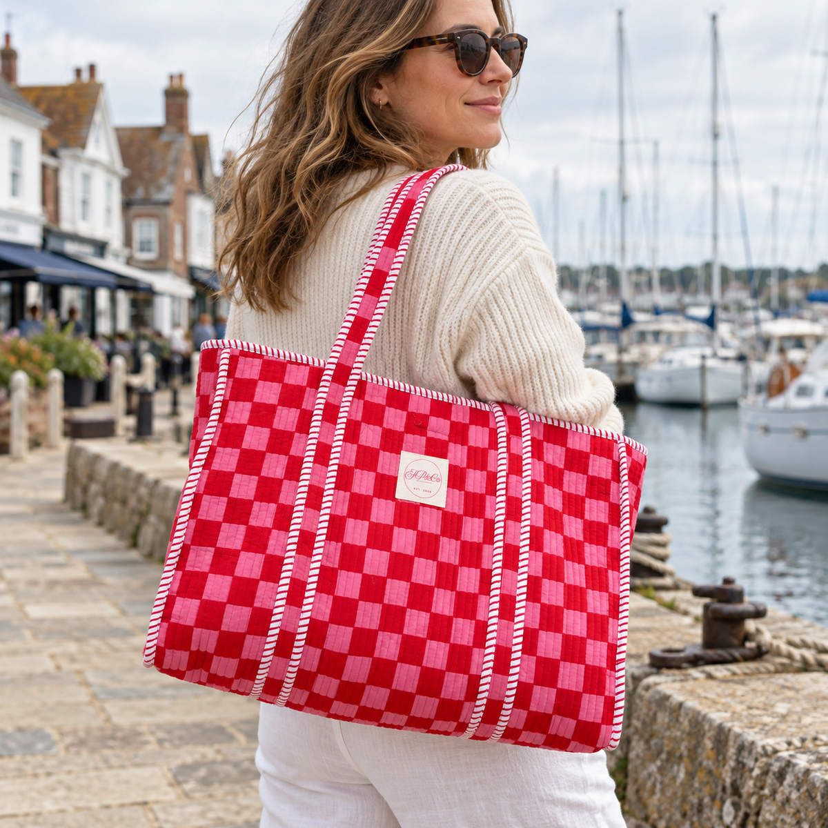 JP & Co Pink & Red Checkerboard Large Tote Bag