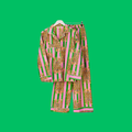 Pink & Green Stipe Tiger Pyjamas Full length on a green background