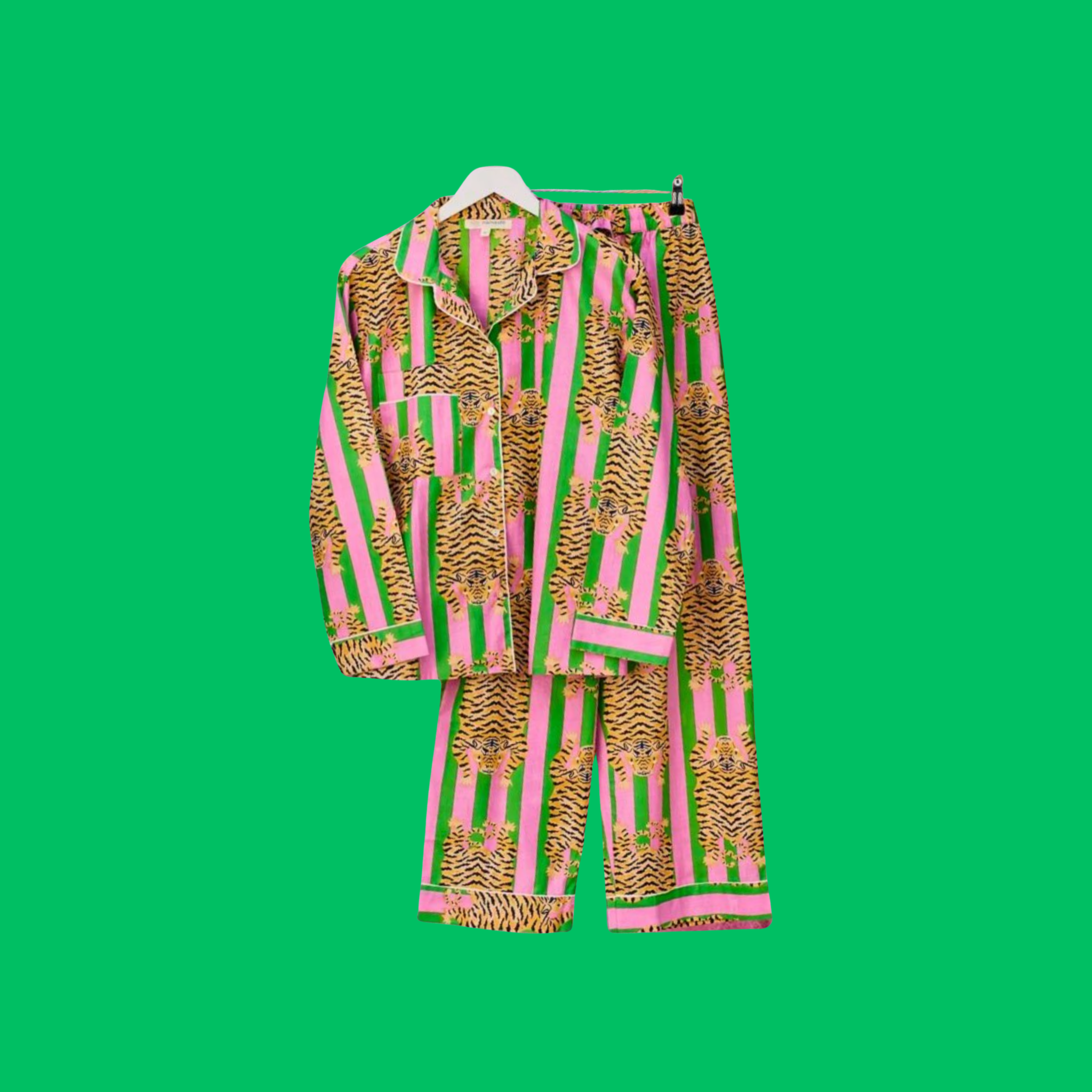 Pink & Green Stipe Tiger Pyjamas Full length on a green background