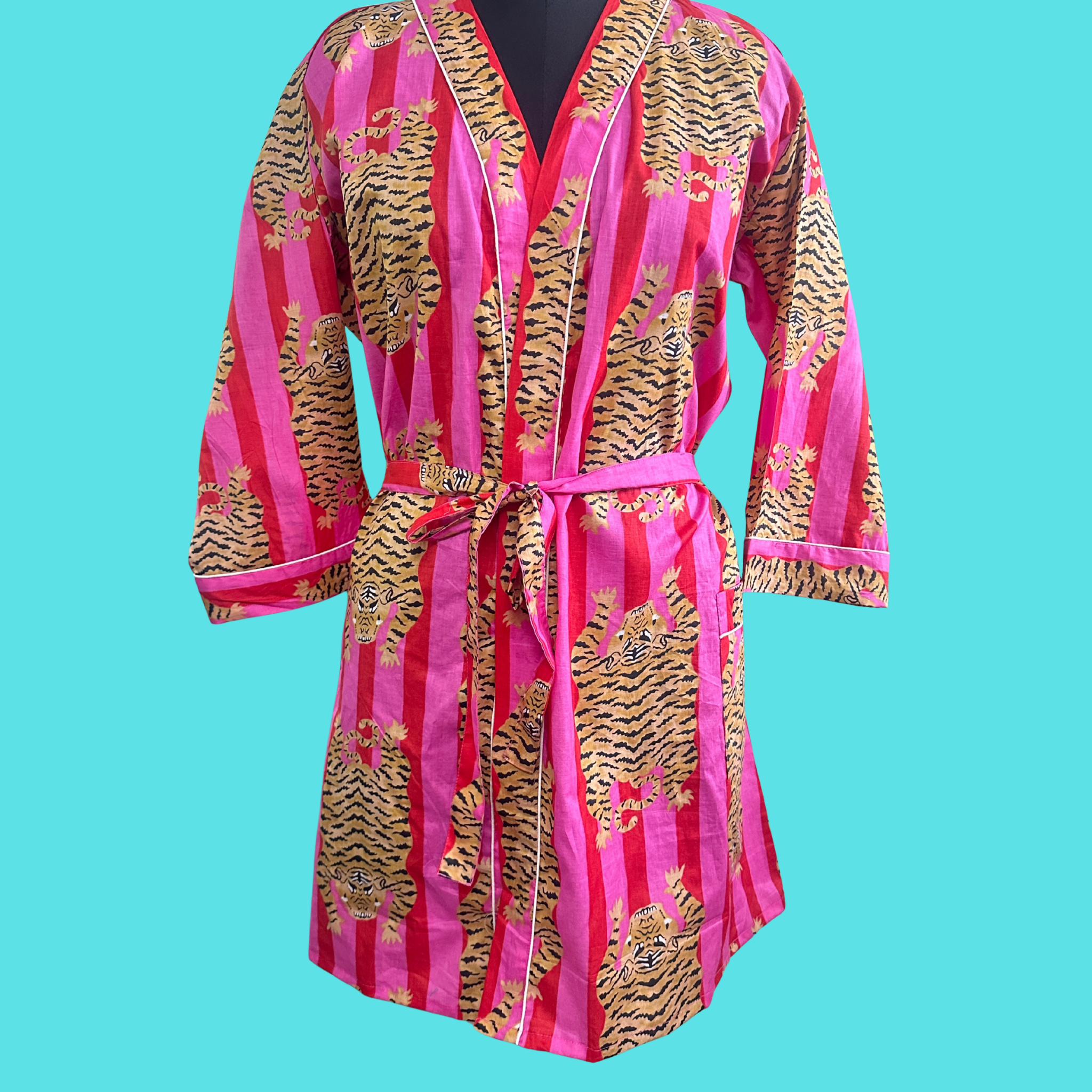 Pink and red stripe tiger kimono short on turquoise background
