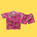 Pink & Red stripe Tiger print pyjamas short length on yellow background