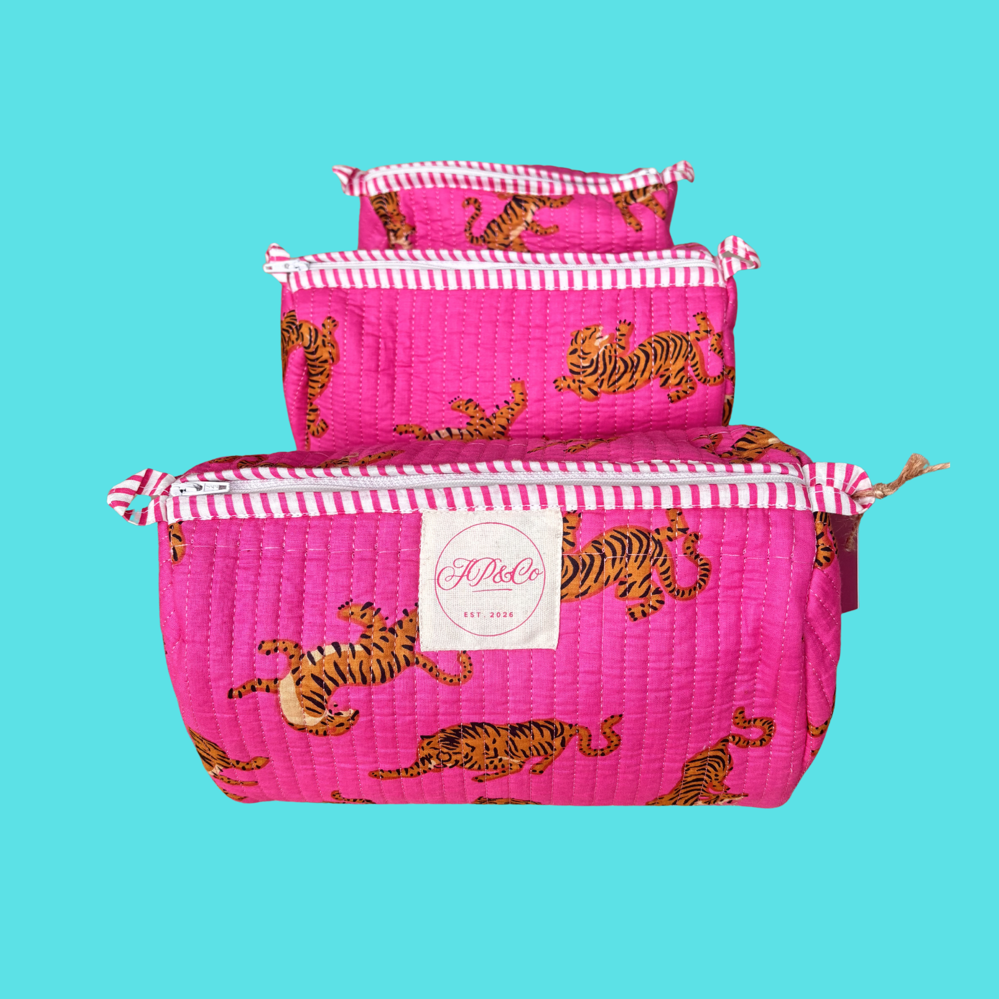 Pink Tiger Wash Bag Set of 3 on Blue Background