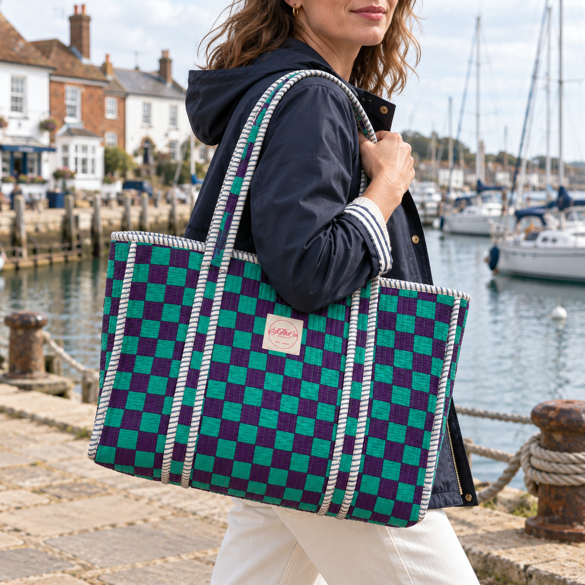 JP & Co Purple & Turquoise Checkerboard Large Tote Bag