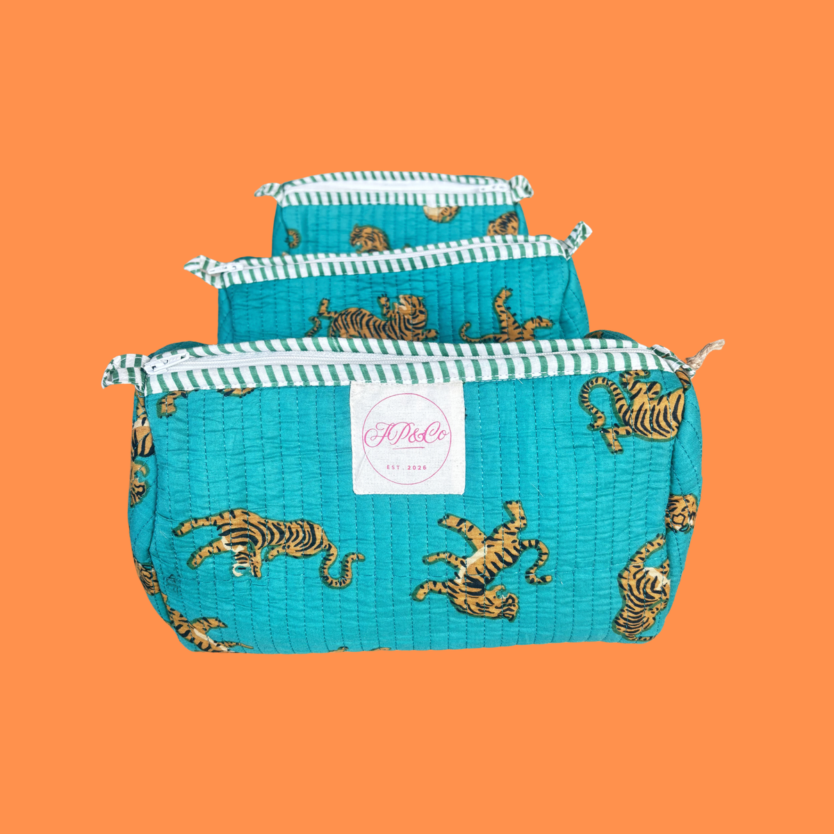 Set of 3 Turquoise Tiger Wash Bags on an orange background