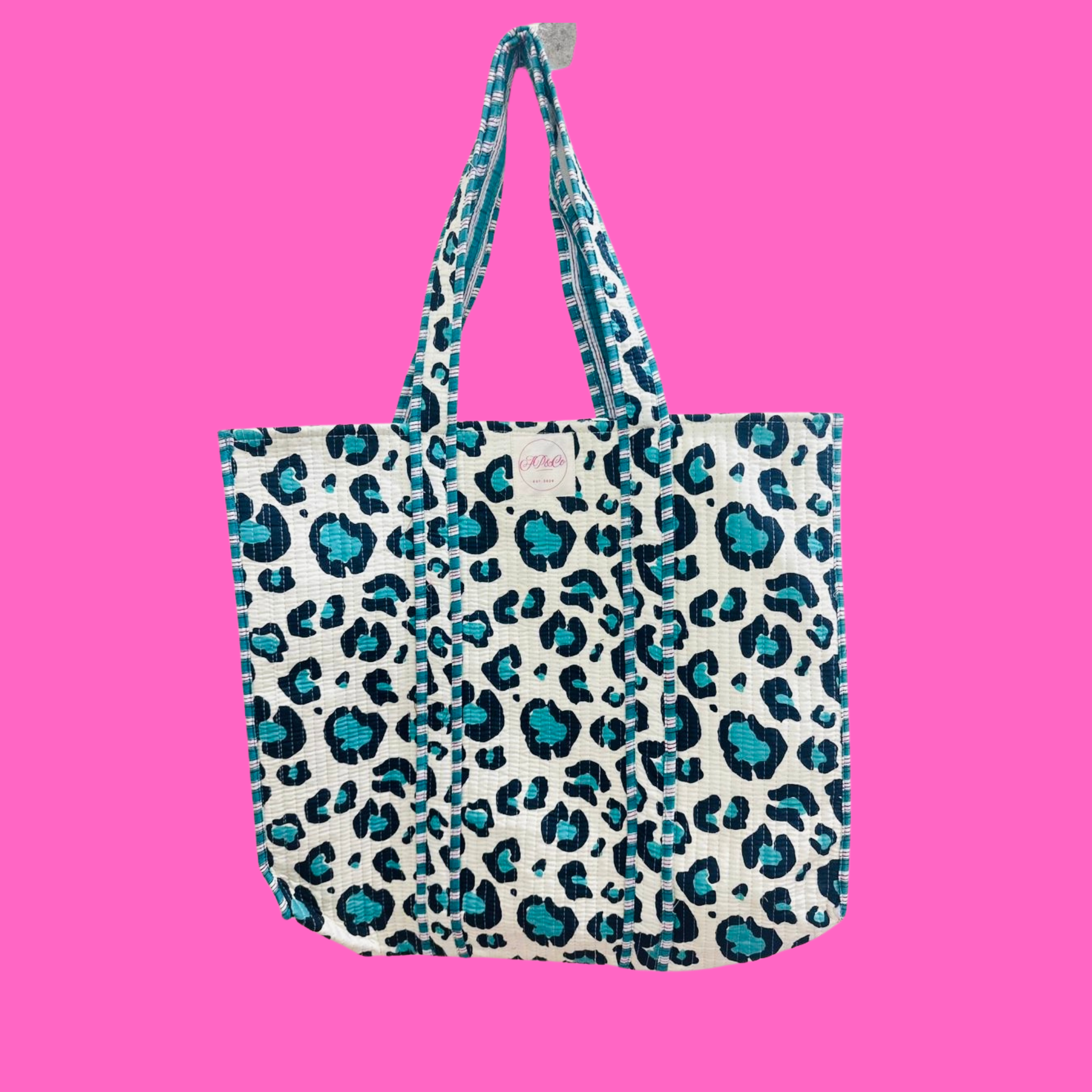 Turquoise Leopard Print Tote Bag on Pink Background
